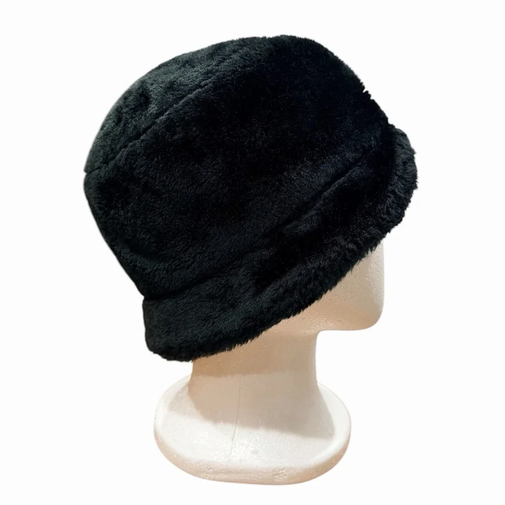 Fluffy‎ Faux Fur Bucket Hat Winter Warm Black Hat for Women Men Accessories